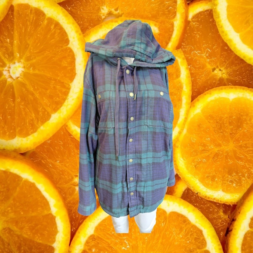 LL Bean M Plaid Fleece Lined Flannel Hoodie Navy Teal Shacket 513831